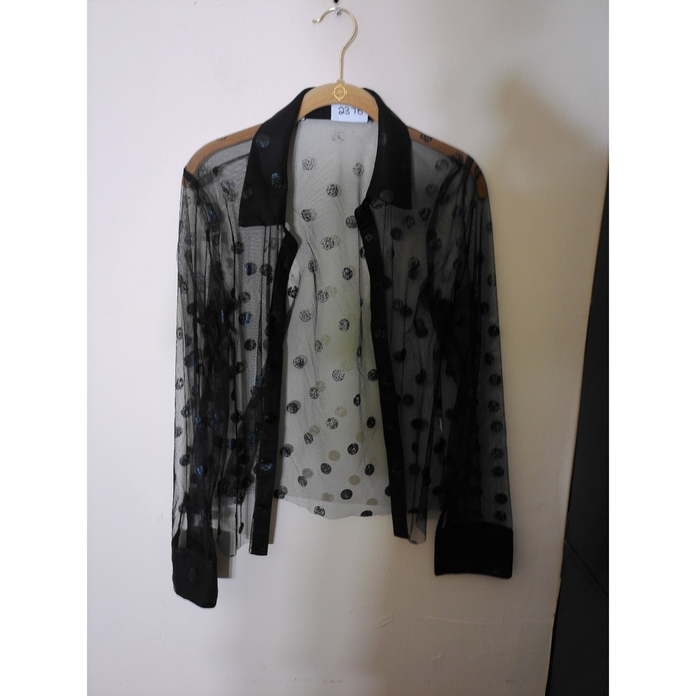 Sheer Mesh Polka Dot Blouse Womens Medium Black Avant Garde Flocked Button Up